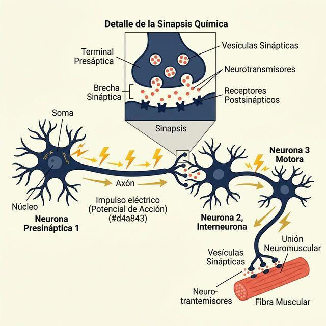 Circuito neuronal simple mostrando sinapsis y neurotransmisores