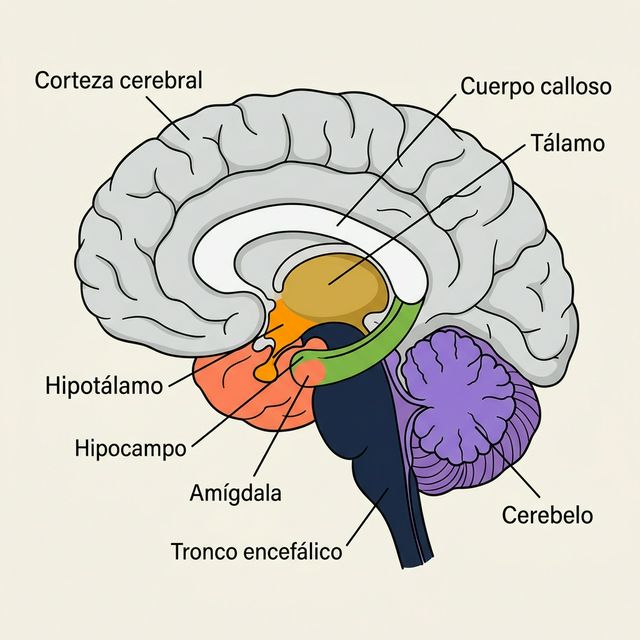 Corte sagital del cerebro mostrando estructuras internas