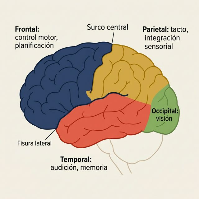Vista lateral del cerebro con los 4 lóbulos cerebrales