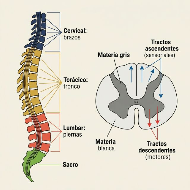 Médula espinal: vista longitudinal y corte transversal
