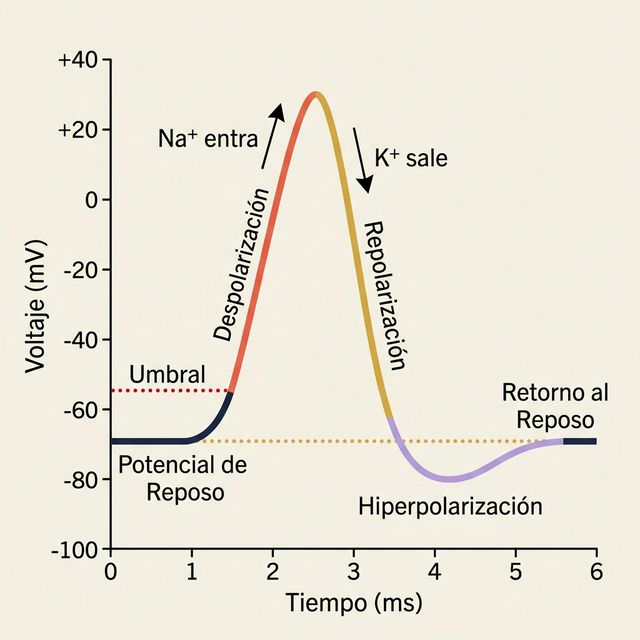 Gráfico del potencial de acción con fases etiquetadas