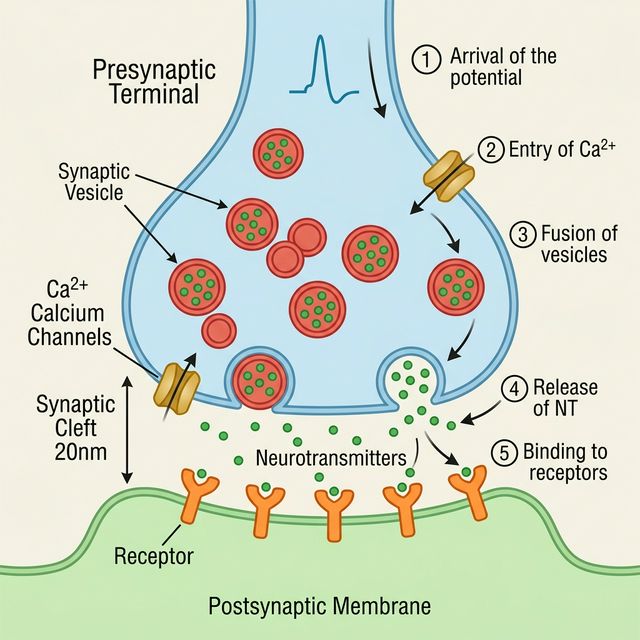 Sinapsis química detallada con vesículas y receptores