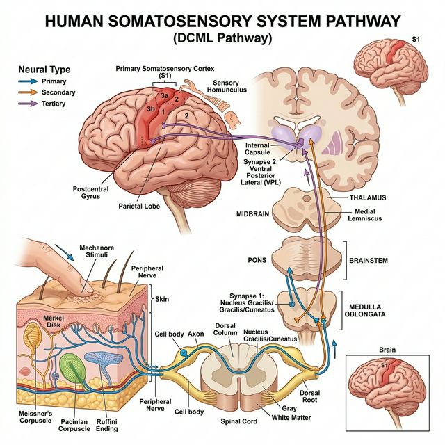 Diagrama del sistema somatosensorial mostrando los cuatro tipos de mecanoreceptores en la piel