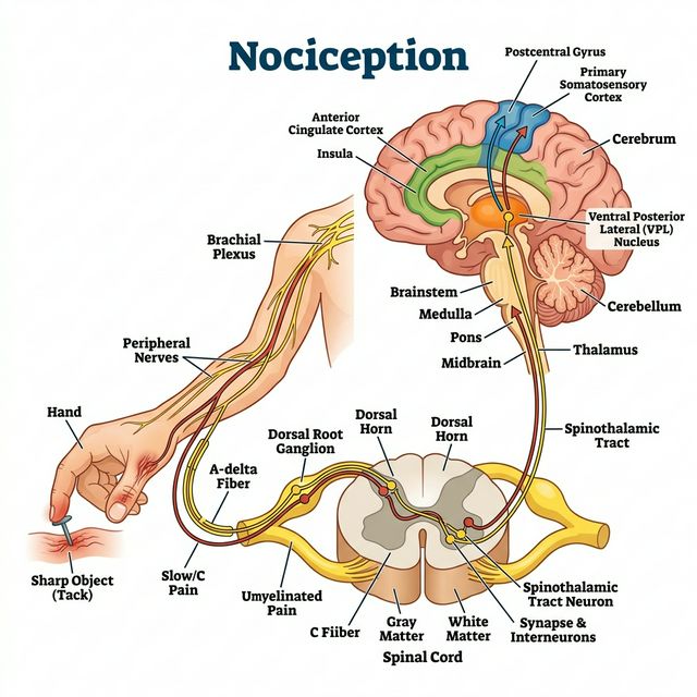 Diagrama de la via nociceptiva desde los receptores hasta el cerebro