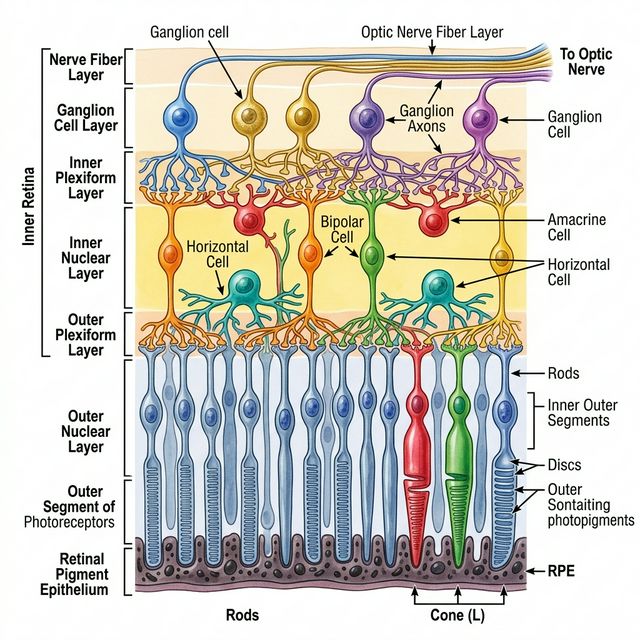 Estructura laminar de la retina con fotorreceptores, celulas bipolares y ganglionares