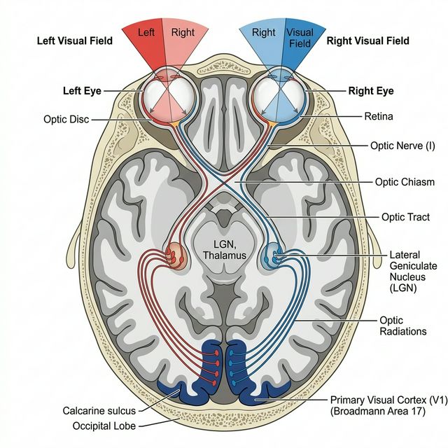 Via visual primaria: del ojo al quiasma optico, NGL y corteza V1