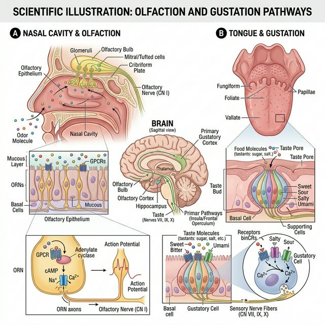 Receptores olfatorios y gustativos con sus vías neurales