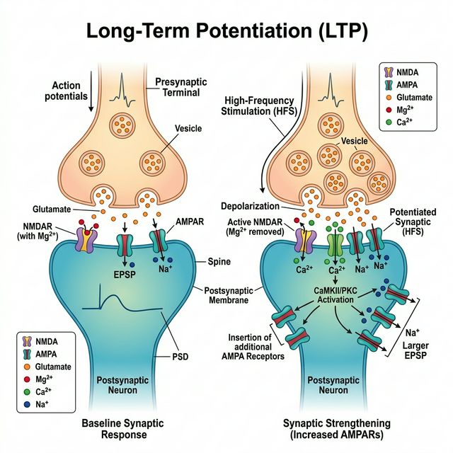 Mecanismo molecular de la LTP: AMPA, NMDA, Ca2+, CaMKII