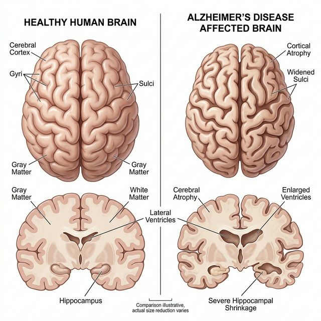 Comparaci&oacute;n entre cerebro sano y cerebro con Alzheimer mostrando atrofia cortical severa